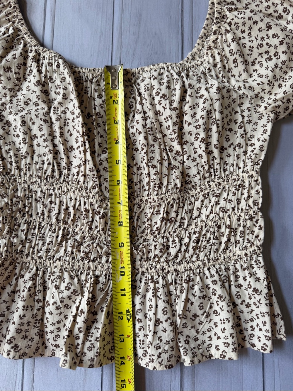 Sim & Sam cream brown floral milkmaid puff sleeve smocked bodice blouse. Medium - Picture 10 of 14